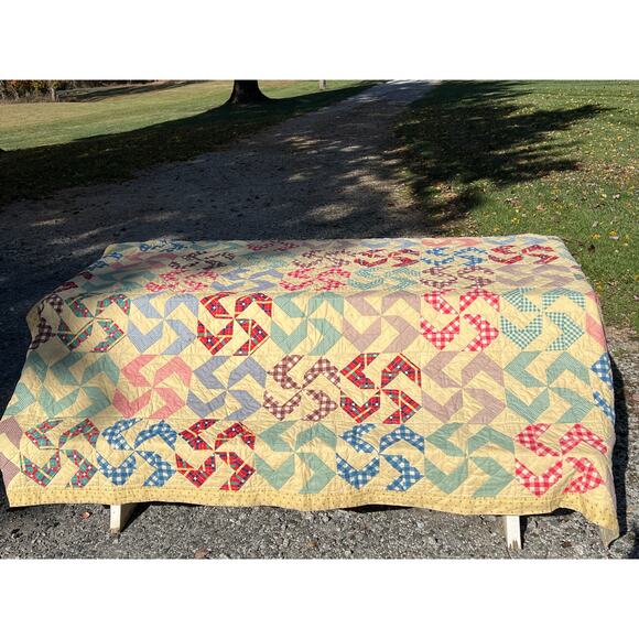 Vintage Crazy Ann Pinwheel Quilt 72x88 Gingham Cottage Farmhouse Grandmillenial - Picture 9 of 11